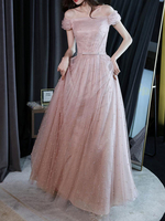 Rosa Abendkleid A-Linie Bateau Neck Sleeveless Lace-up Bögen Bodenlangen Pailletten formale Parteikleider