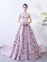 Rosa Abschlussball-Kleid-Blumendruck-Sleeveless Quinceanera Kleid-Spitze-Schärpe eine Linie Frauen-Festzug-Kleid