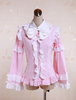 Rosa Baumwolle Lolita Bluse Langarm weiße Rüschen Trim Bogen