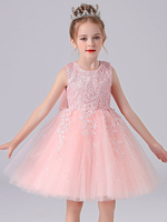 Rosa Blume Mädchen Kleider Juwel Hals Spitze Spitze ärmellose kurze Prinzessin Kleid Bögen formale Kinder Festzug Kleider