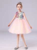 Rosa Blumenmädchenkleider Jewel Neck Polyester Ärmellos Knielang A-Linie Tüll Pailletten Kinder Partykleider