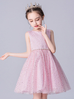 Rosa Blumenmädchenkleider Jewel Neck Tulle ärmellose kurze Prinzessin Kleid Perlen formale Kinder Festzug Kleider