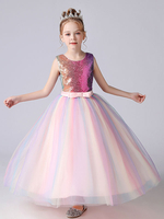 Rosa Blumenmädchenkleider Juwelenhals Pailletten Ärmellose knöchellange Prinzessin Kleid Bögen Kinder Partykleider