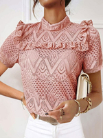 Rosa Bluse für Frauen Polyester High Collar Unregelmäßiges Design Plissee Rüschen Kurzarm Casual Tops