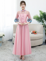 Rosa Brautjungfernkleid 2021 Satin Stehkragen Halbarm Crop Top knöchellangen Abschlussfeier Kleider