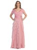 Rosa Brautmutterkleid V-Ausschnitt Kurzarm A-Linie Chiffon Plissee Bodenlange Hochzeitsgastkleider