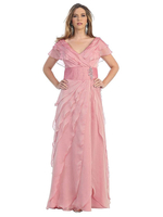 Rosa Brautmutterkleid V-Ausschnitt Kurzarm A-Linie Chiffon Plissee Bodenlange Hochzeitsgastkleider
