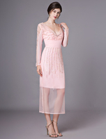 Rosa Cocktailkleid aus Organza mit V-Ausschnitt und Pailletten Kleider für Hochzeitsgäste Milanoo