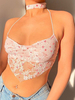 Rosa Halter Top für Frauen Lace Up Lace Sheer Floral Printed Sexy Camis