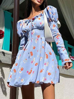 Rosa Hemdkleider Bateau-Ausschnitt Schnürung lange Ärmel rückenfreies Polyester Blumendruck geschichtetes extra kurzes Sommerkleid