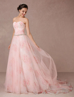 Rosa Kleid Blumen Hochzeit druckt Tüll Brautkleid trägerlos Sweetheart Quinceanera Kleid Strass Schärpe rückenfreie Festzug Kleid