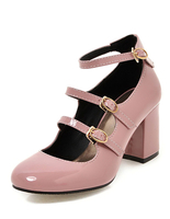 Rosa klobige Heels Runde Zehe schnallte Ankle Strap Pump Schuhe für Frauen