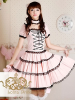 Rosa Lolita OP-Kleid-Schwarz-Spitze-Ordnungs-Lace Up Rüschen
