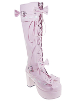 Rosa Lolita Plateau-Stiefel mit Blockabsatz und Schleifen