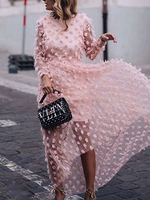 Rosa Maxikleider Frauen Jewel Neck Langarm Unregelmäßiges bodenlanges Kleid