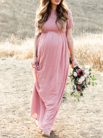 Rosa Maxikleider Kurzarm Juwel Juwel besetzt Sommer Asymmetrisches bodenlanges Kleid