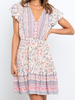 Rosa Sommerkleid V-Ausschnitt Kurzarm Blumendruckmuster Cupless Knielanges Strandkleid