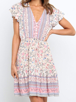 Rosa Sommerkleid V-Ausschnitt Kurzarm Blumendruckmuster Cupless Knielanges Strandkleid