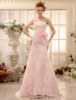 Rosa Spitze Etui-Brautkleid mit Blumen-Deko und abnehmbarer Schleppe Milanoo