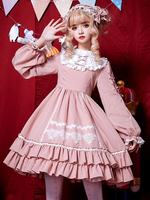 Rosa Sweet Lolita OP-Kleid Neverland-Blumendruck Langarm Rüschen Baumwolle Lolita One Piece Kleider