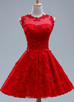 Rot Applique kurze Brautjungfer Spitzenkleid für Frau