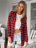 Rot kariertes Hemd Jacke Frauen Umlegekragen Taschen Casual Shacket
