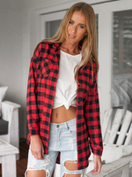 Rot kariertes Hemd Jacke Frauen Umlegekragen Taschen Casual Shacket