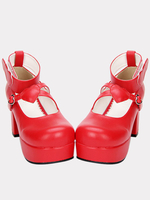 Rot Lolita klobige Pony Heels Schuhe Plattform Knöchel Herz Form Dekor Schnalle Runde Zehe