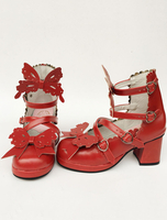 Rot Lolita Schuhe Strappy Bogen süße Lolita klobige Heels
