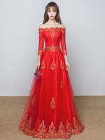 Rote Abendkleider Lace A Line Langarm bodenlangen formale Kleider