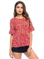 Rote Bluse für Frauen Blumendruckmuster Jewel Neck Kurzarm Chiffon Casual T-Shirt
