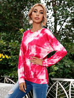 Rote Bluse für Frauen Jewel Neck Langarm Polyester Tie Dye Summer T Shirt