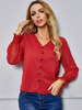 Rote Bluse für Frauen Knöpfe V-Ausschnitt Lässig Langarm Polyester Tops