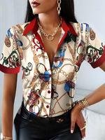 Rote Bluse für Frauen Polyester Turndown Kragen Unregelmäßiges Design Knöpfe Kurzarm Sommer Casual Tops