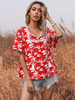 Rote Bluse für Frauen Polyester V-Ausschnitt Oversized Casual Floral Printed Schnürung Kurzarm Tops