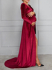 Rote Brautjungfernkleider mit Zug V-Ausschnitt Langarm Polyester Burgund A-Linie Abendkleid