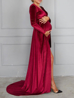 Rote Brautjungfernkleider mit Zug V-Ausschnitt Langarm Polyester Burgund A-Linie Abendkleid