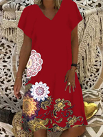 Rote Etuikleider Damen Tubu-Kleid mit V-Ausschnitt und Blumendruck