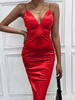 Rote figurbetonte Damenkleider V-Ausschnitt Sexy ärmelloses Polyester-Bleistiftkleid