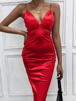 Rote figurbetonte Damenkleider V-Ausschnitt Sexy ärmelloses Polyester-Bleistiftkleid