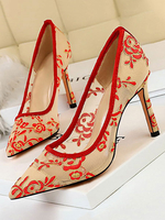 Rote High Heels Mesh Spitze Zehenspitze Detail Slip On Pumps für Frauen