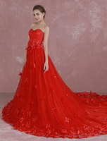 Rote Hochzeit Kleid Sweetheart trägerlosen Pailletten Brautkleid 3D Blumen Applikation eine Linie Kathedrale Zug Abendkleid