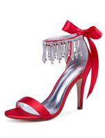 Rote Hochzeitsschuhe Satin Open Toe Strass Bow High Heel Brautschuhe