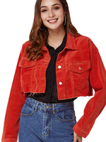 Rote Jeansjacke für Damen Langarm Cord Kurz Cowboy Jeansjacke