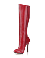 Rote kniehohe Stiefel Frauen High Heel Runde Zehe Schnalle Stilettostiefel