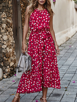 Rote Maxikleider für Damen Ärmelloses; bedrucktes Juwelenhals-Rüschen Unregelmäßiges Sommer-Sommerkleid aus Polyester