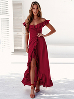 Rote Party Kleider für Frauen Bateau Neck Rüschen Ärmelloses High Low Design Semi Formal Dress