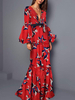 Rote Party Kleider V-Ausschnitt Schärpe Langarm Blumendruck Muster Layered Semi Formal Dress