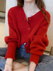 Rote Pullover Strickjacken Frauen Knöpfe Langarm Juwelen Hals Cardiagn Jacken