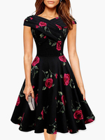 Rote Rose bedruckte Polyester ausgestelltes Kleid für Frauen